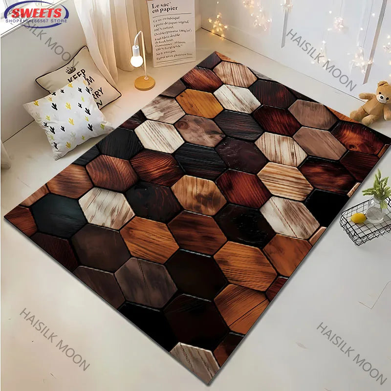 3D Hexagon Wood Grain Rug – Multicolor Patchwork Washable Carpet for Living Room & Bedroom