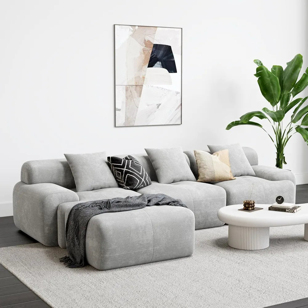 118" Modern L-Shaped Modular Sectional Sofa – Oversized 3-Seater Couch with Deep Seat, Grey Corduroy Upholstery