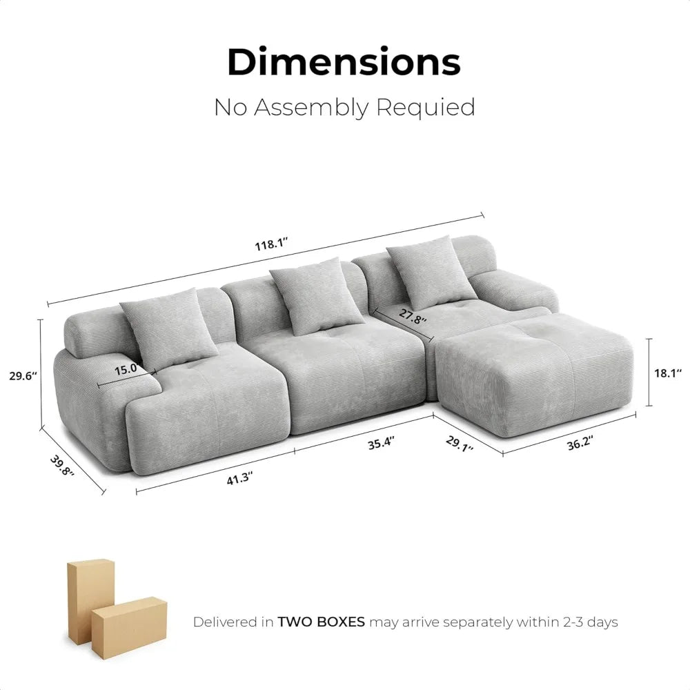 118" Modern L-Shaped Modular Sectional Sofa – Oversized 3-Seater Couch with Deep Seat, Grey Corduroy Upholstery