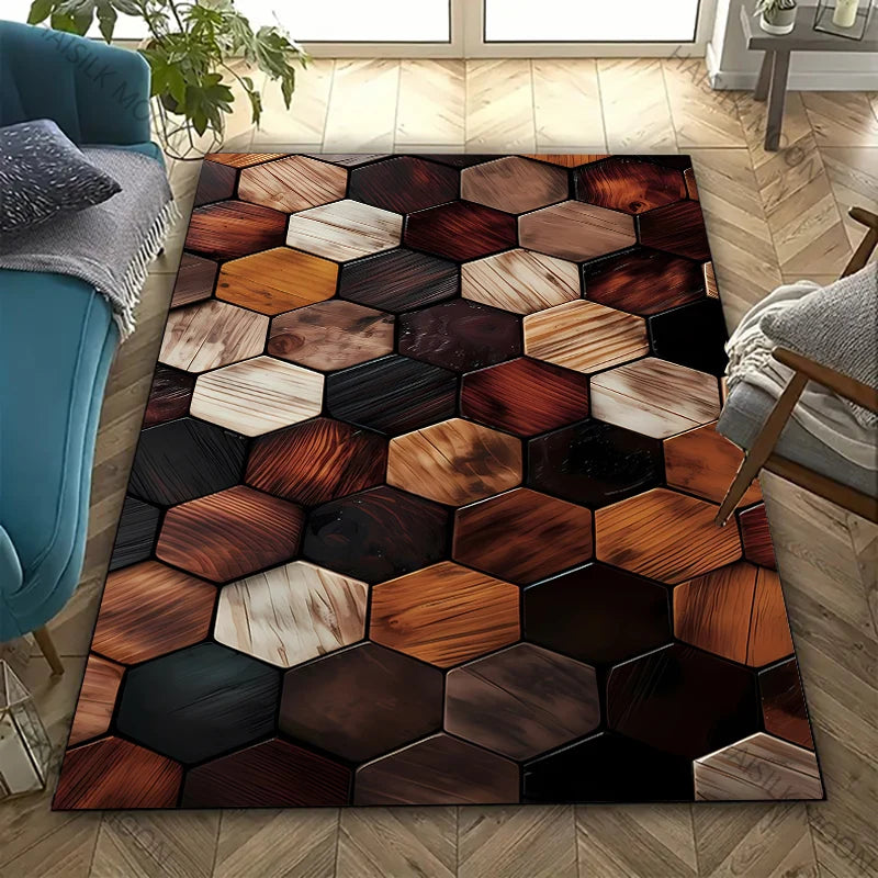 3D Hexagon Wood Grain Rug – Multicolor Patchwork Washable Carpet for Living Room & Bedroom