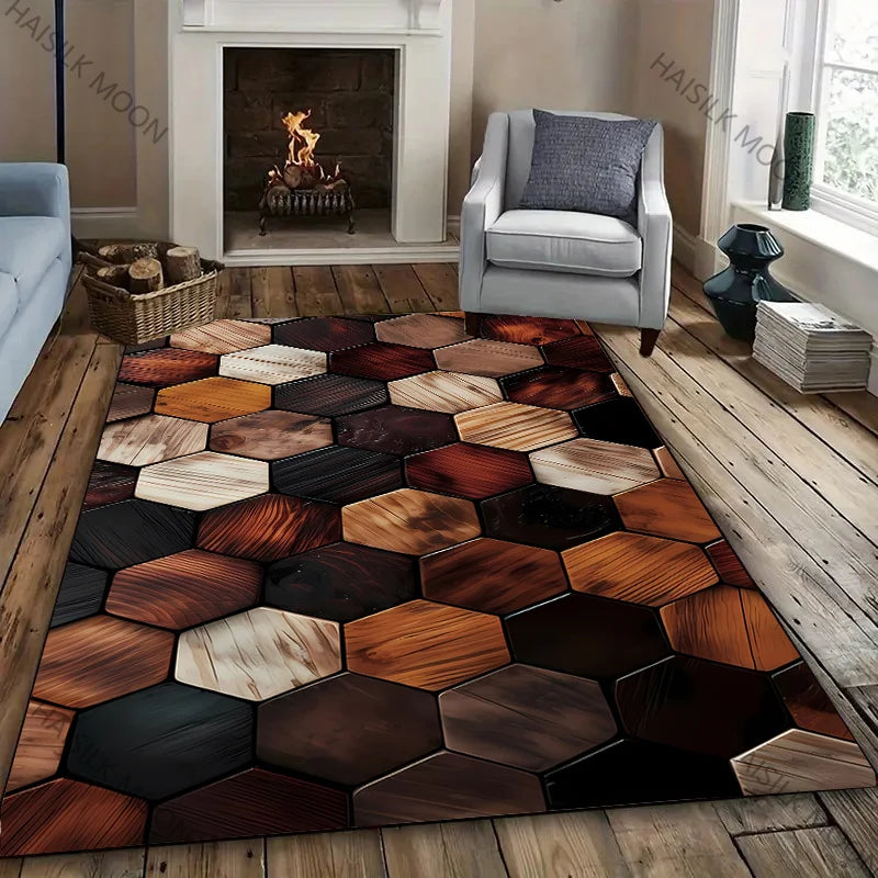 3D Hexagon Wood Grain Rug – Multicolor Patchwork Washable Carpet for Living Room & Bedroom