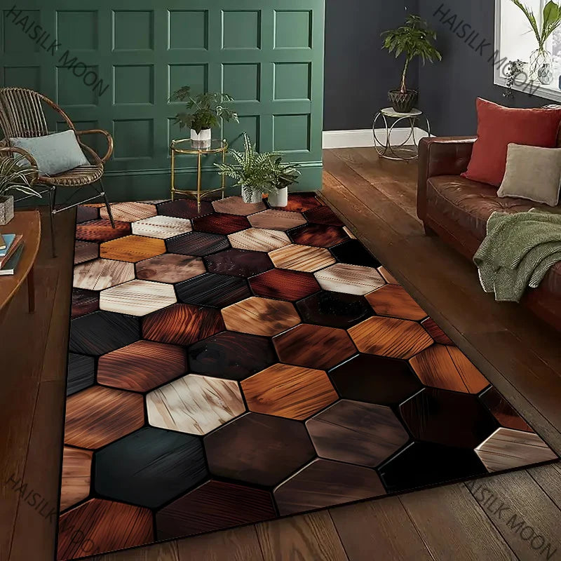 3D Hexagon Wood Grain Rug – Multicolor Patchwork Washable Carpet for Living Room & Bedroom