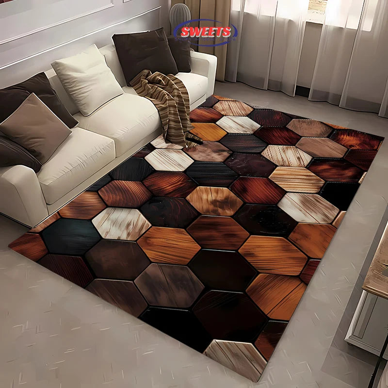 3D Hexagon Wood Grain Rug – Multicolor Patchwork Washable Carpet for Living Room & Bedroom