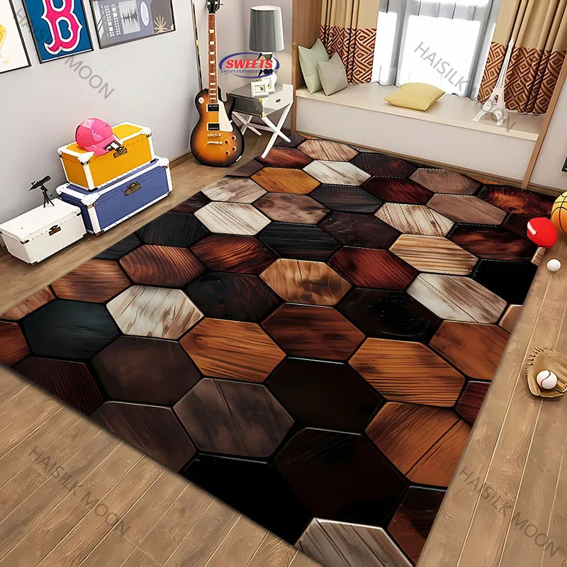 3D Hexagon Wood Grain Rug – Multicolor Patchwork Washable Carpet for Living Room & Bedroom