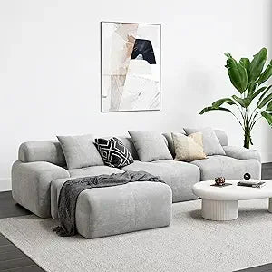 118" Modern L-Shaped Modular Sectional Sofa – Oversized 3-Seater Couch with Deep Seat, Grey Corduroy Upholstery